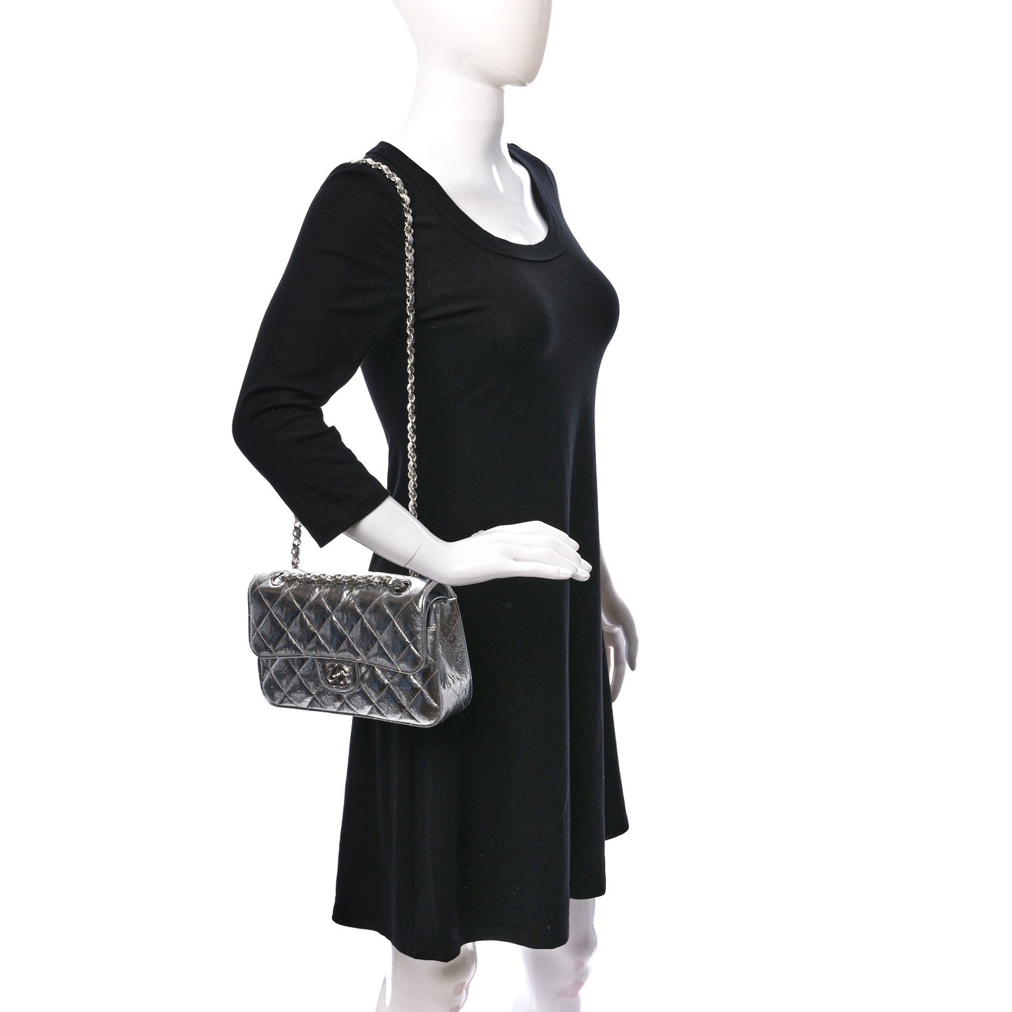 Hammered Metallic Calfskin Quilted Small Double Flap Silver