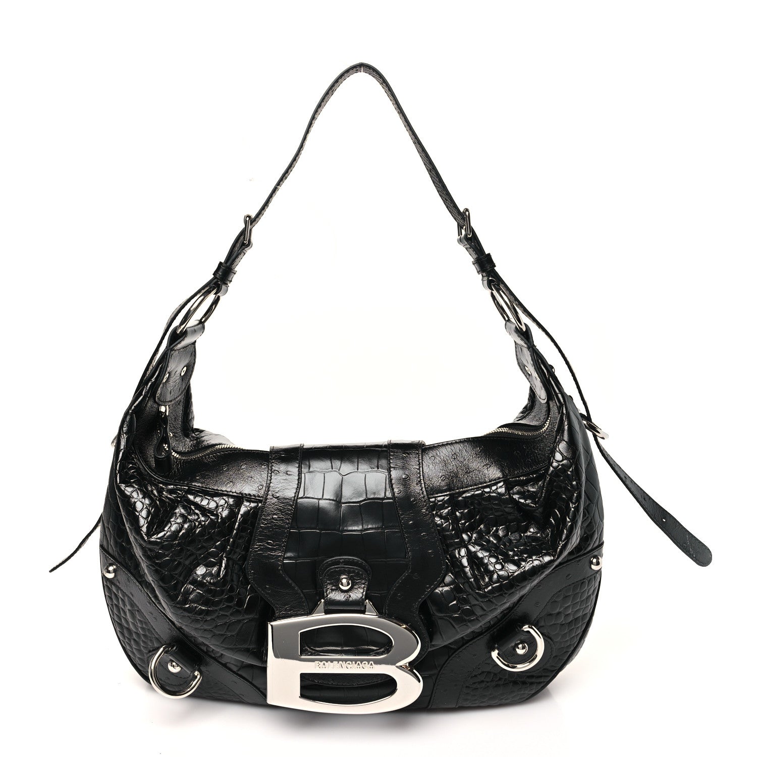 Balenciaga Shiny Calfskin Crocodile Embossed Essex Hobo Black