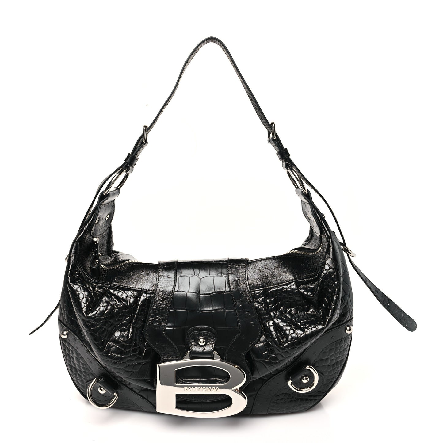 Shiny Calfskin Crocodile Embossed Essex Hobo Black