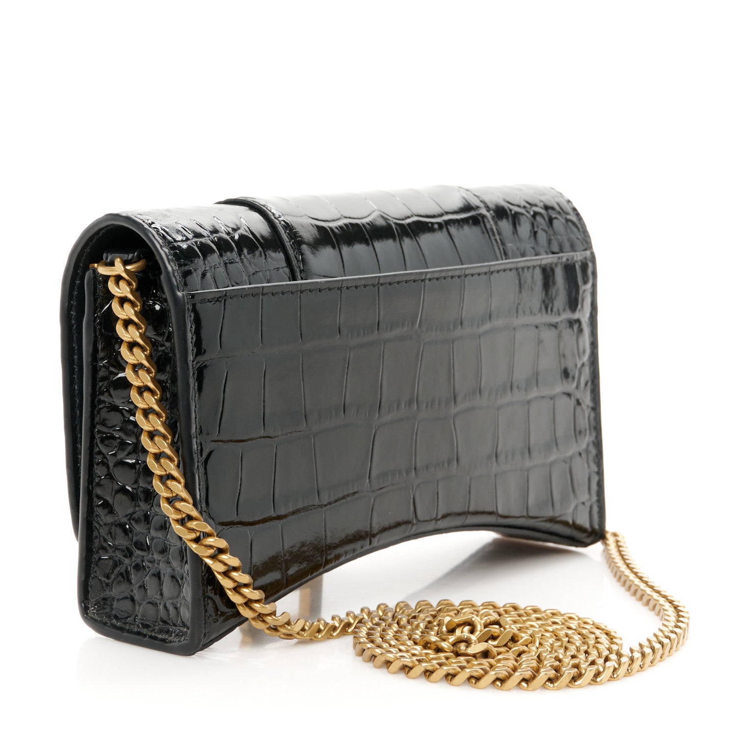 Balenciaga Shiny Calfskin Crocodile Embossed Hourglass Chain Bag Black 3 of 11