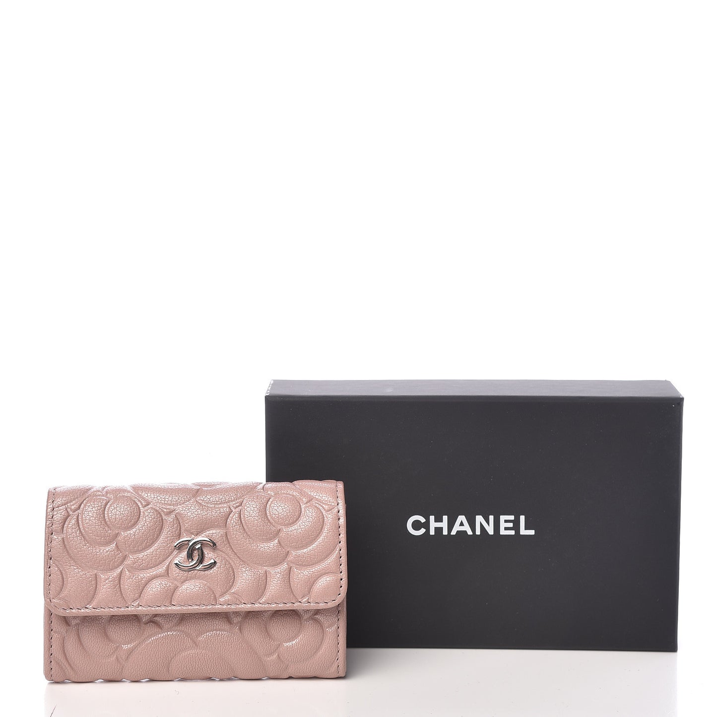 Goatskin Camellia Embossed Card Holder Wallet Light Pink