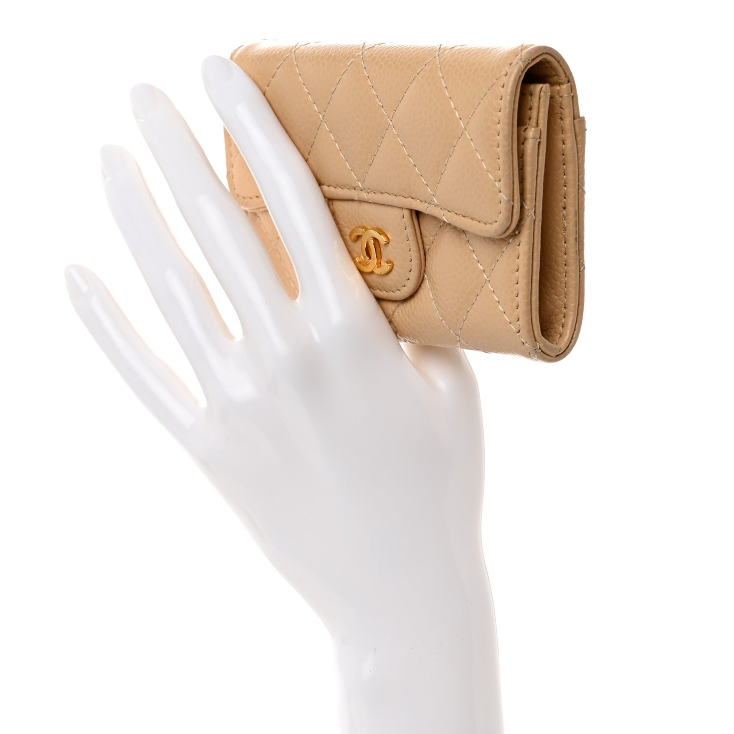 Caviar Quilted Flap Card Holder Wallet Beige