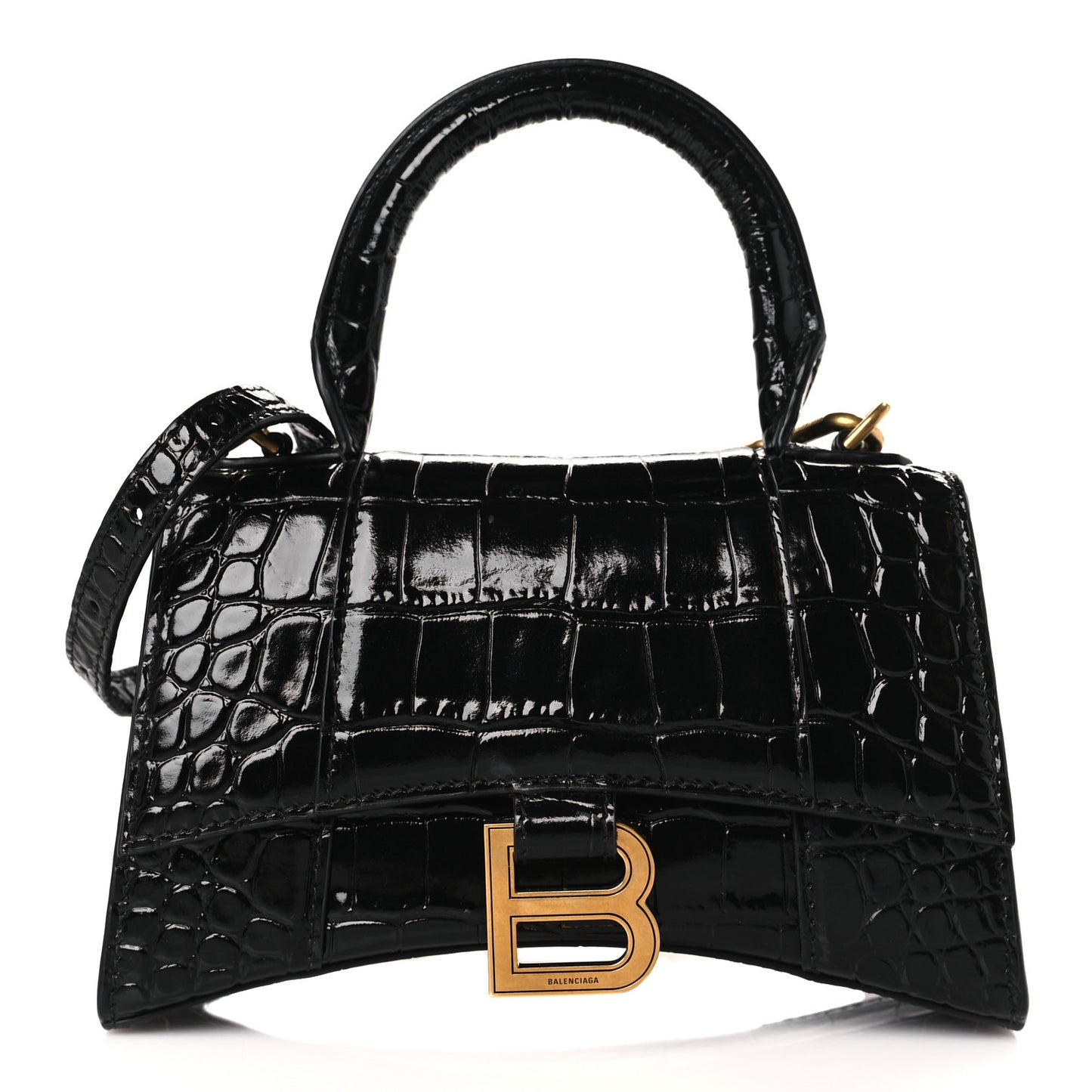 Shiny Calfskin Crocodile Embossed Hourglass Top Handle Bag XS Black