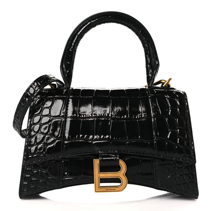 Balenciaga Shiny Calfskin Crocodile Embossed Hourglass Top Handle Bag XS Black 1 of 9