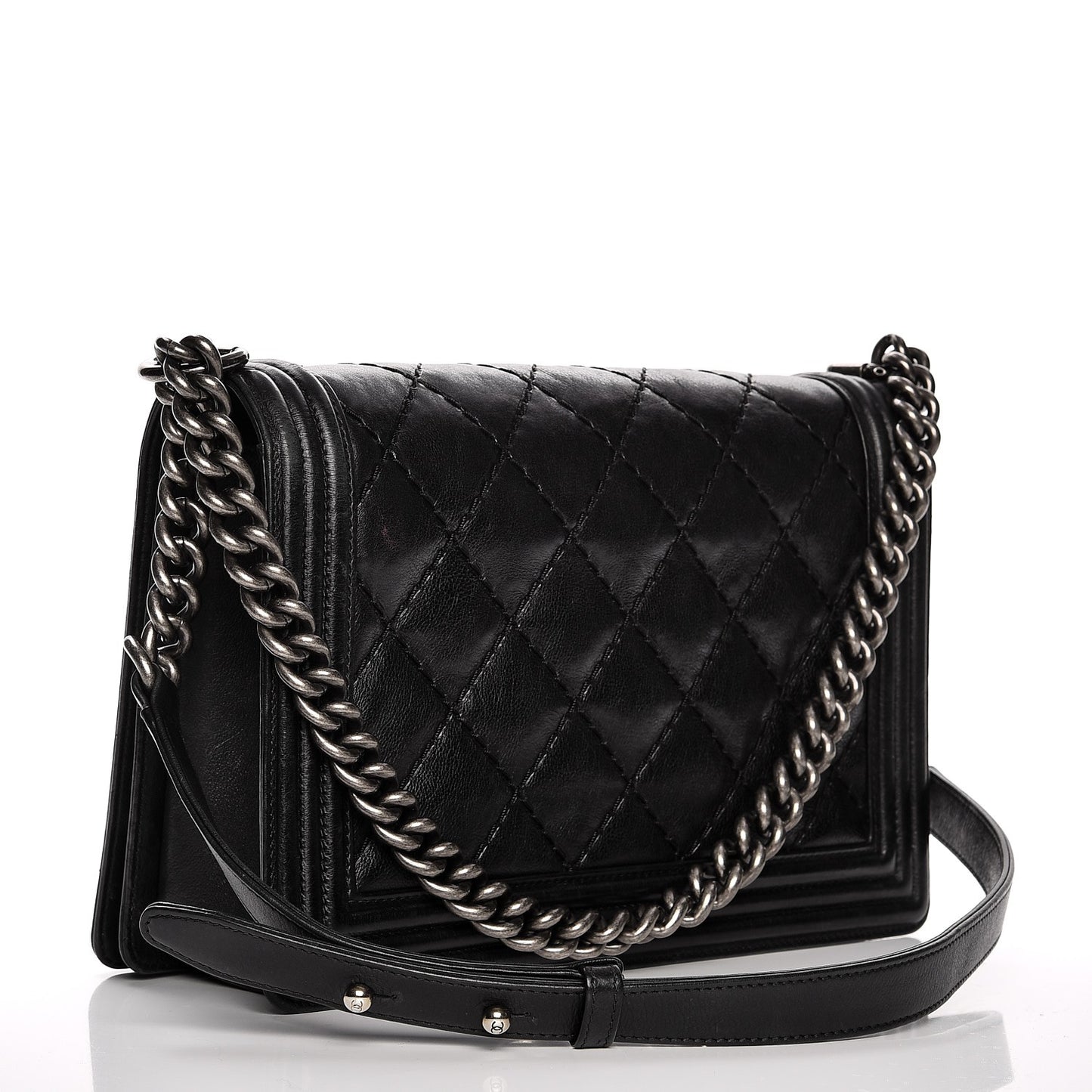 Calfskin Quilted Double Stitch New Medium Boy Flap Black