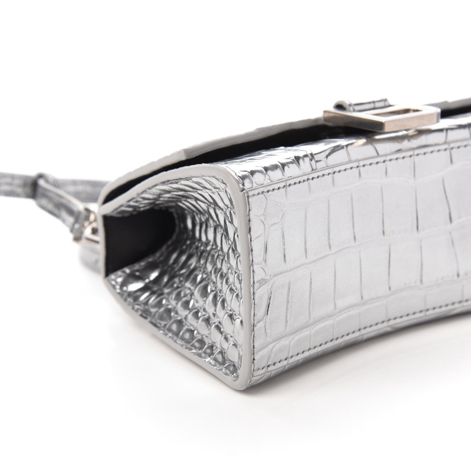 Balenciaga Metallic Calfskin Crocodile Embossed Hourglass Top Handle Bag XS Silver 6 of 9