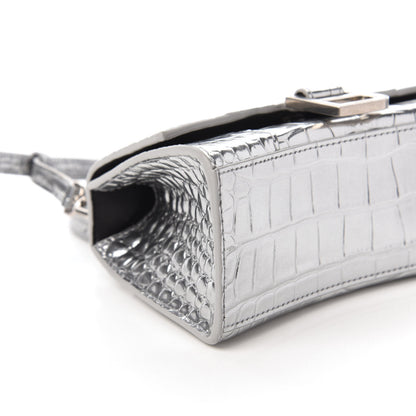 Balenciaga Metallic Calfskin Crocodile Embossed Hourglass Top Handle Bag XS Silver 6 of 9