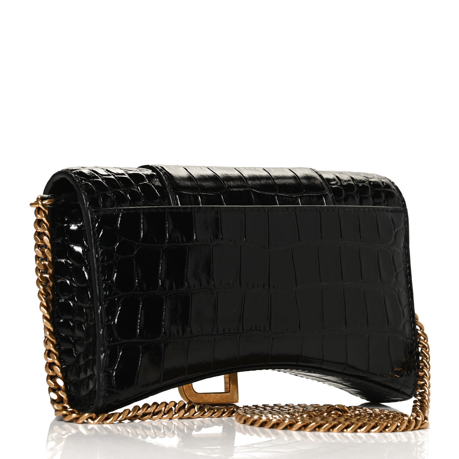 Balenciaga Shiny Calfskin Crocodile Embossed Hourglass Chain Bag Black 2 of 10