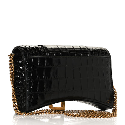 Balenciaga Shiny Calfskin Crocodile Embossed Hourglass Chain Bag Black 2 of 10