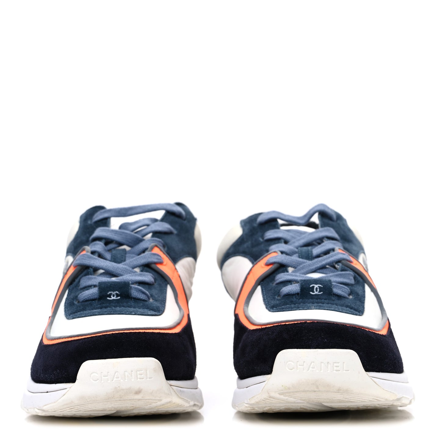 Nylon Calfskin Suede CC Womens Sneakers 40 Navy White Orange