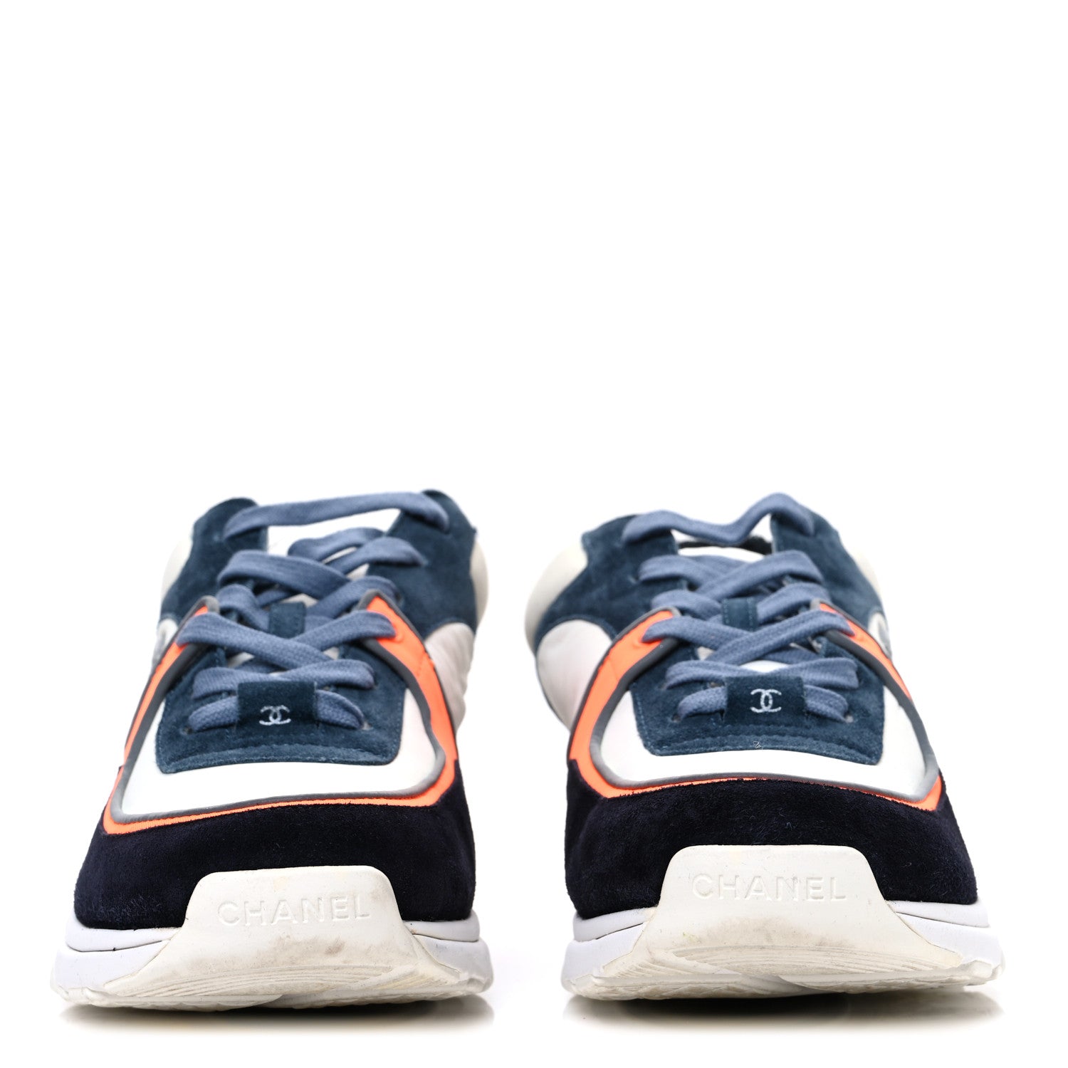 Chanel Nylon Calfskin Suede CC Womens Sneakers 40 Navy White Orange 3 of 10