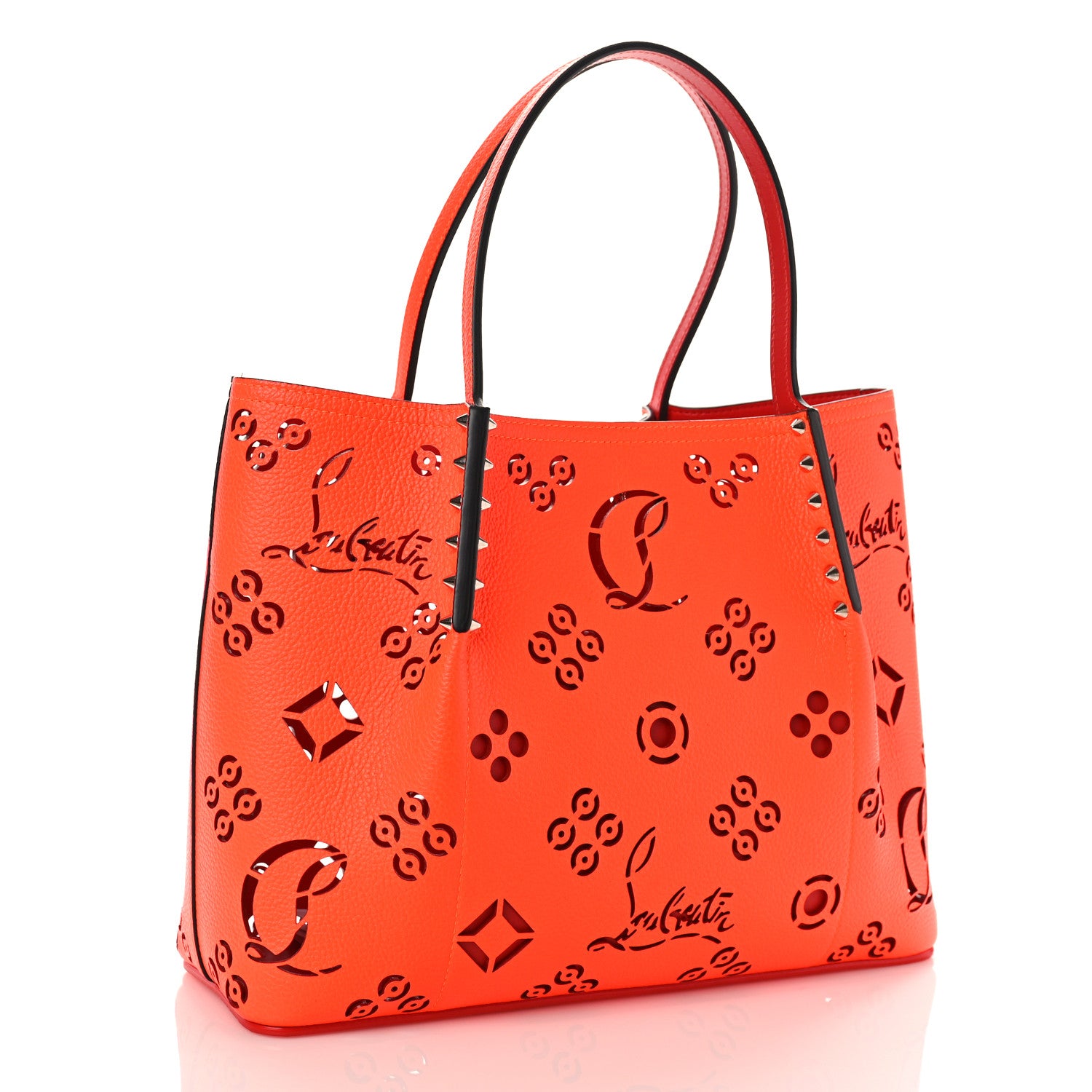 Christian Louboutin Calfskin Loubinthesky Small Perforated Cabarock Spikes Tote Orange 3 of 8