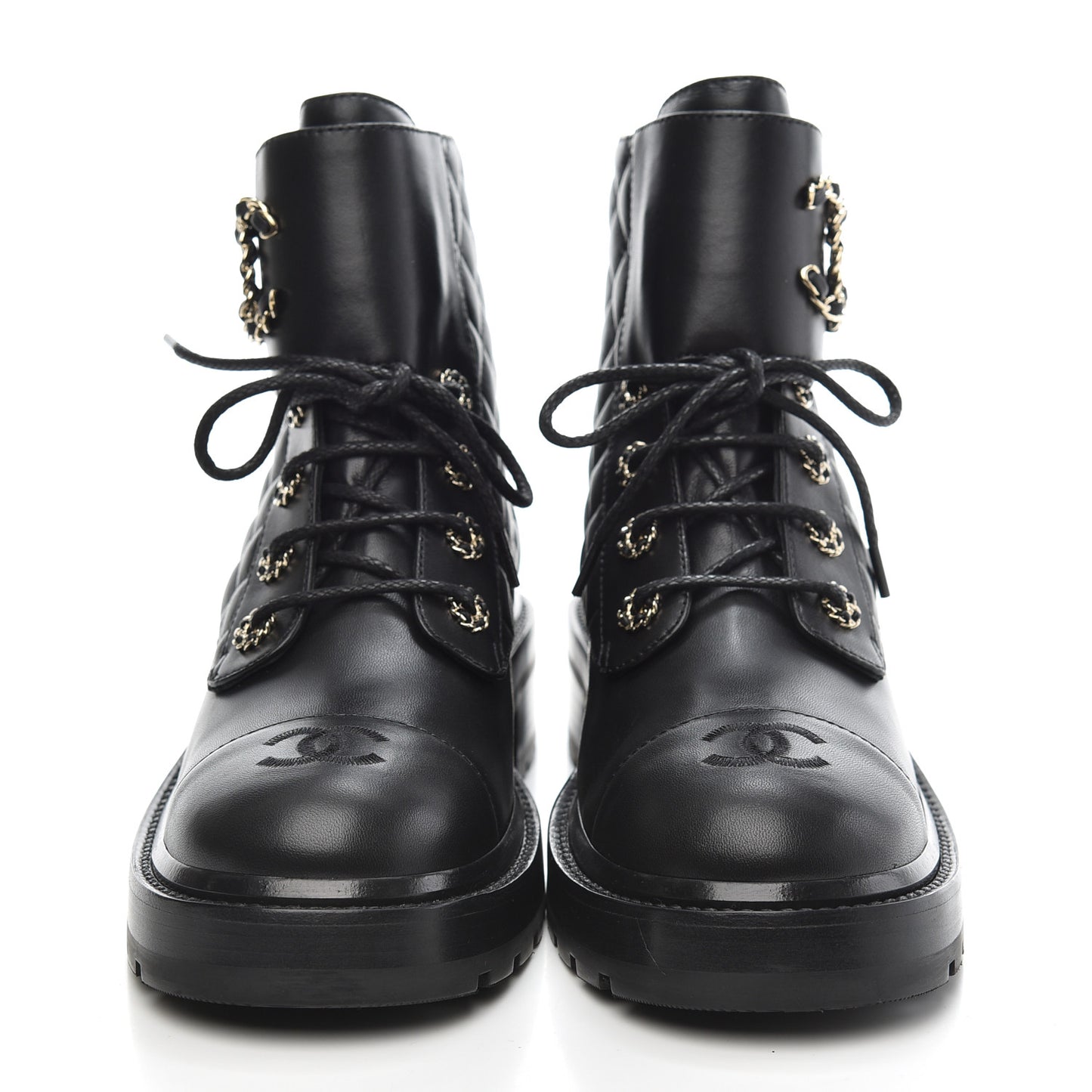 Shiny Lambskin Quilted Lace Up Combat Boots 39 Black
