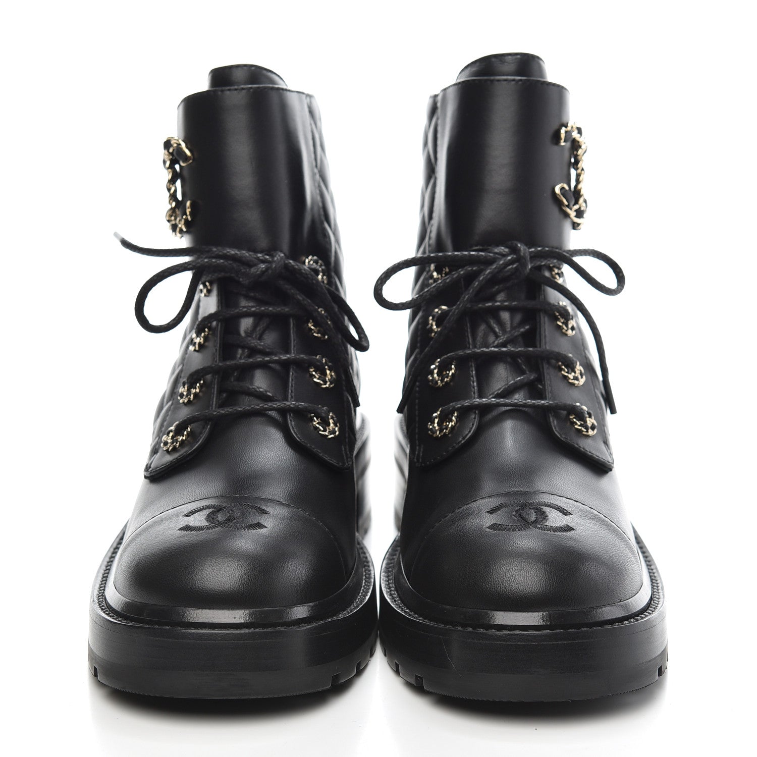 Chanel Shiny Lambskin Quilted Lace Up Combat Boots 39 Black 2 of 10