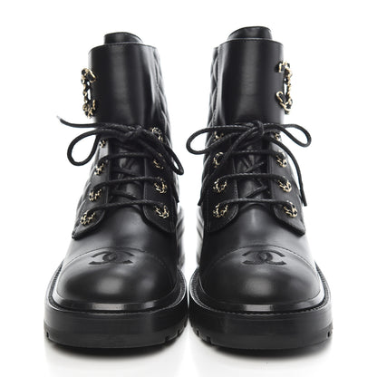 Chanel Shiny Lambskin Quilted Lace Up Combat Boots 39 Black 2 of 10