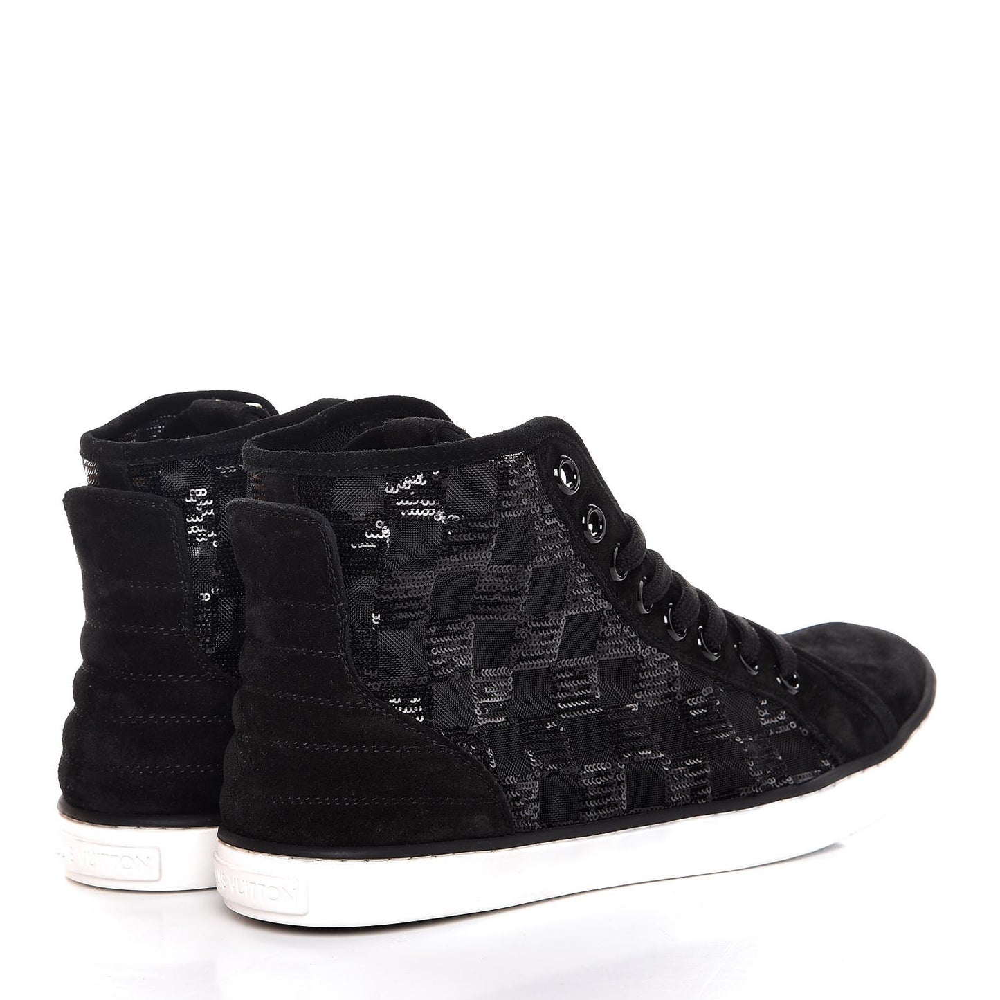 Calfskin Suede Sequins Damier Punchy High Top Sneakers 38.5 Black