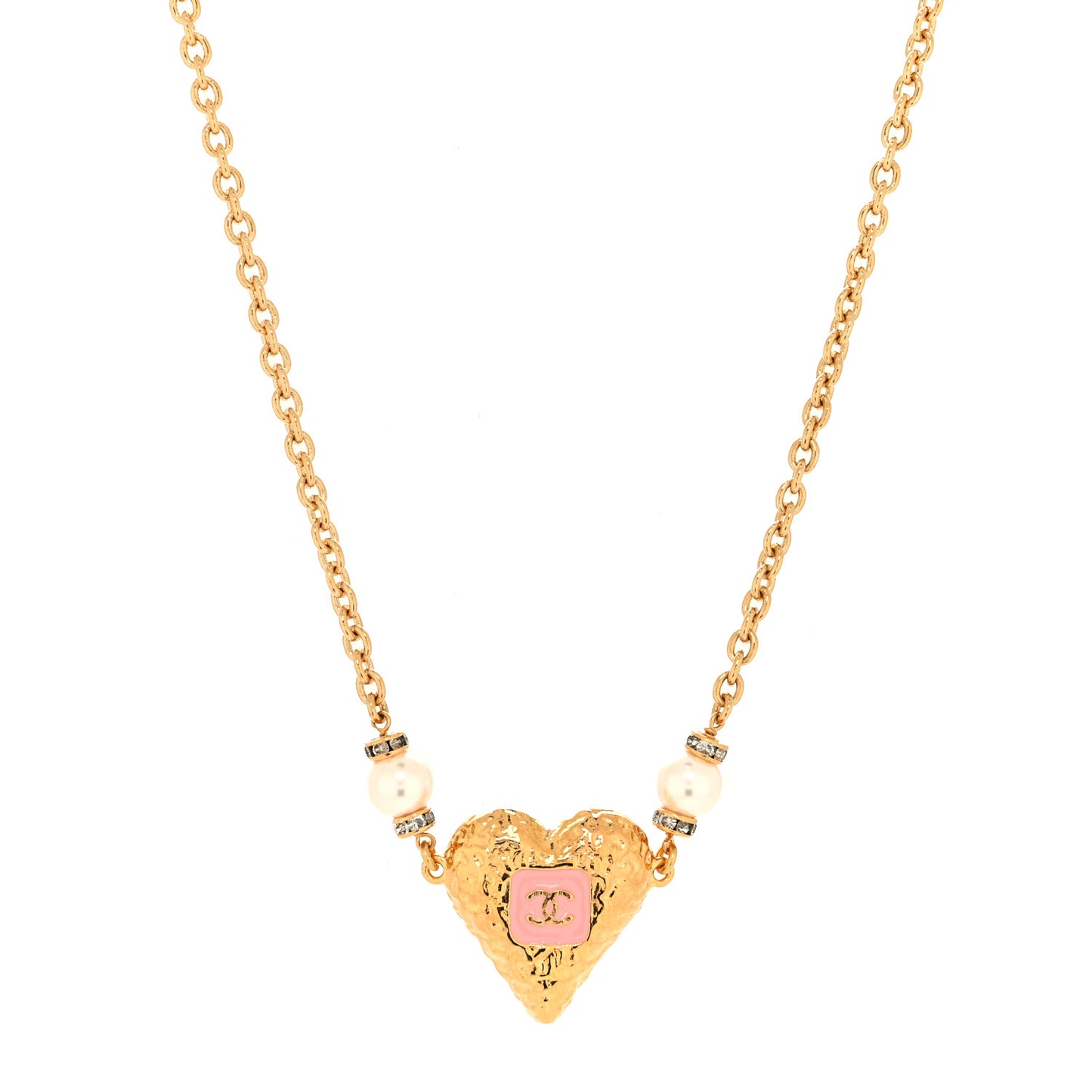 Resin Crystal Pearl Chain Heart CC Pendant Necklace Pink White Gold