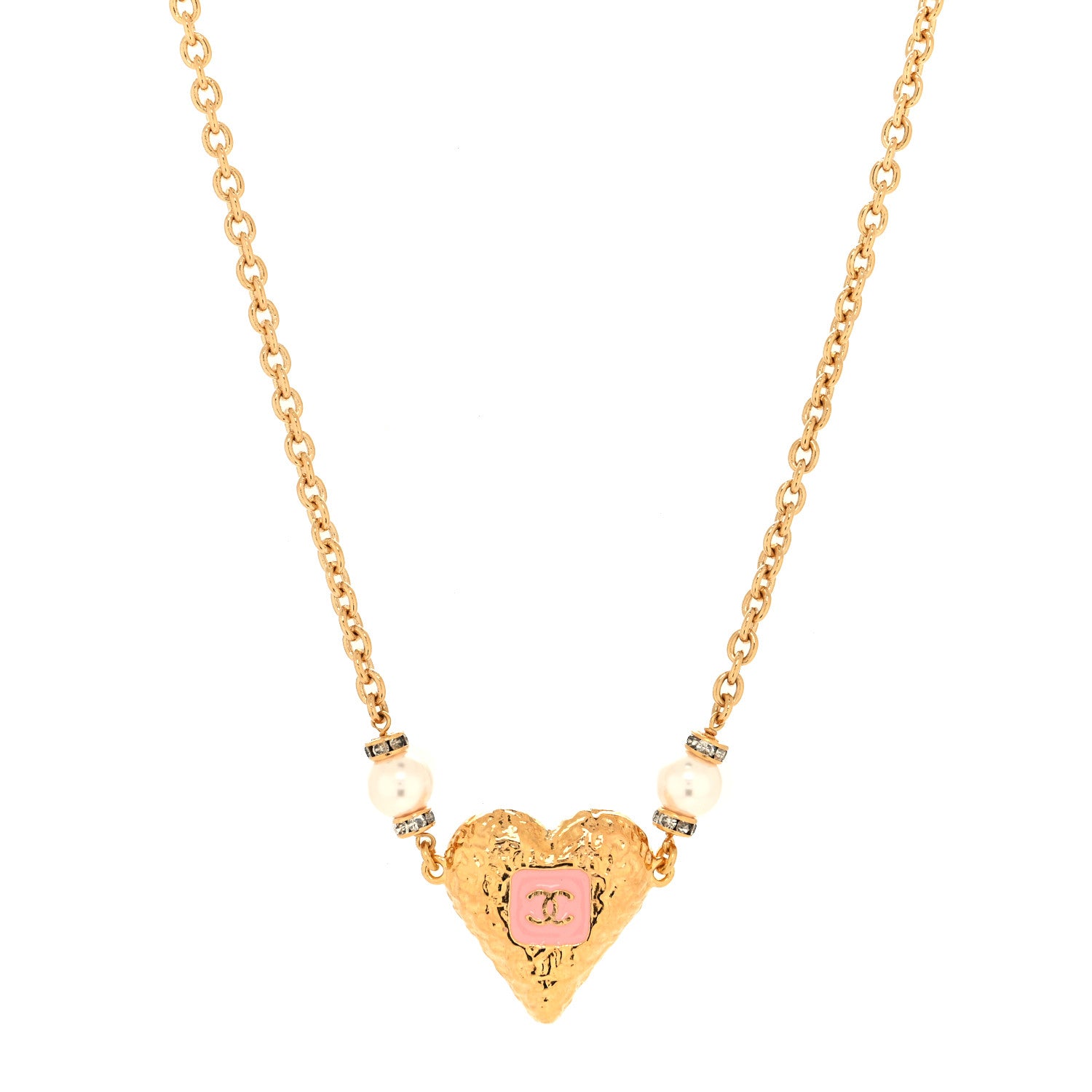 Chanel Resin Crystal Pearl Chain Heart CC Pendant Necklace Pink White Gold 1 of 5