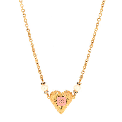 Chanel Resin Crystal Pearl Chain Heart CC Pendant Necklace Pink White Gold 1 of 5