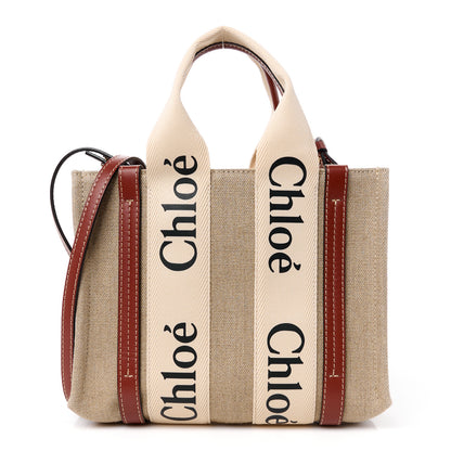 Chloe Linen Calfskin Small Woody Ribbon Tote With Strap White Brown 1 of 12