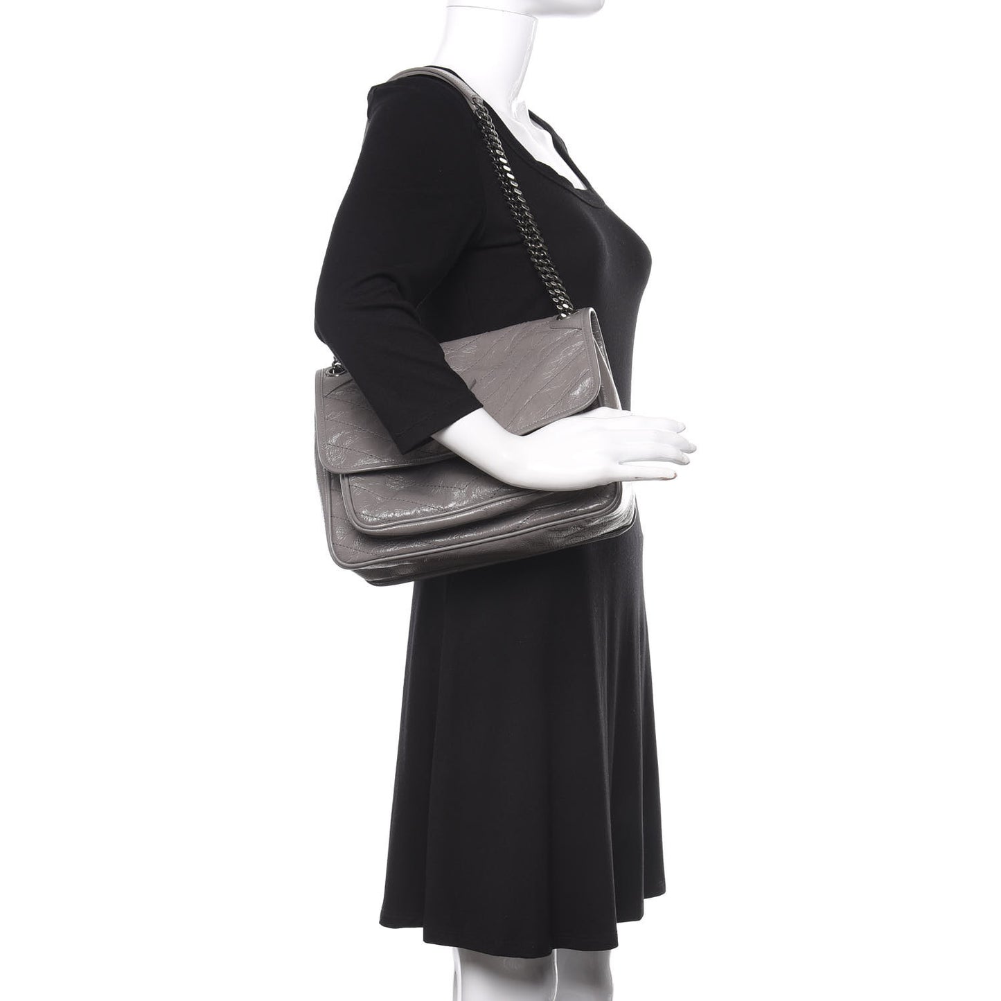 Crinkled Calfskin Matelasse Monogram Medium Niki Chain Satchel Fog