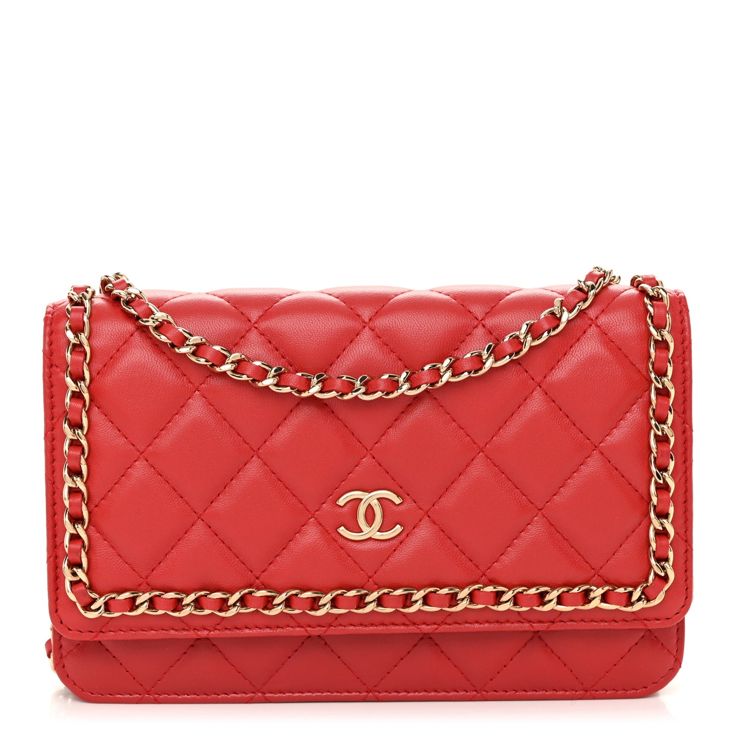 Lambskin Quilted Chain Around Wallet On Chain WOC Red
