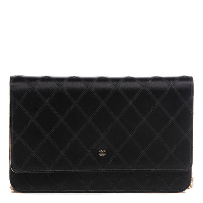 Chanel Satin Diamond Stitch Wallet On Chain WOC Black Gold 1 of 8