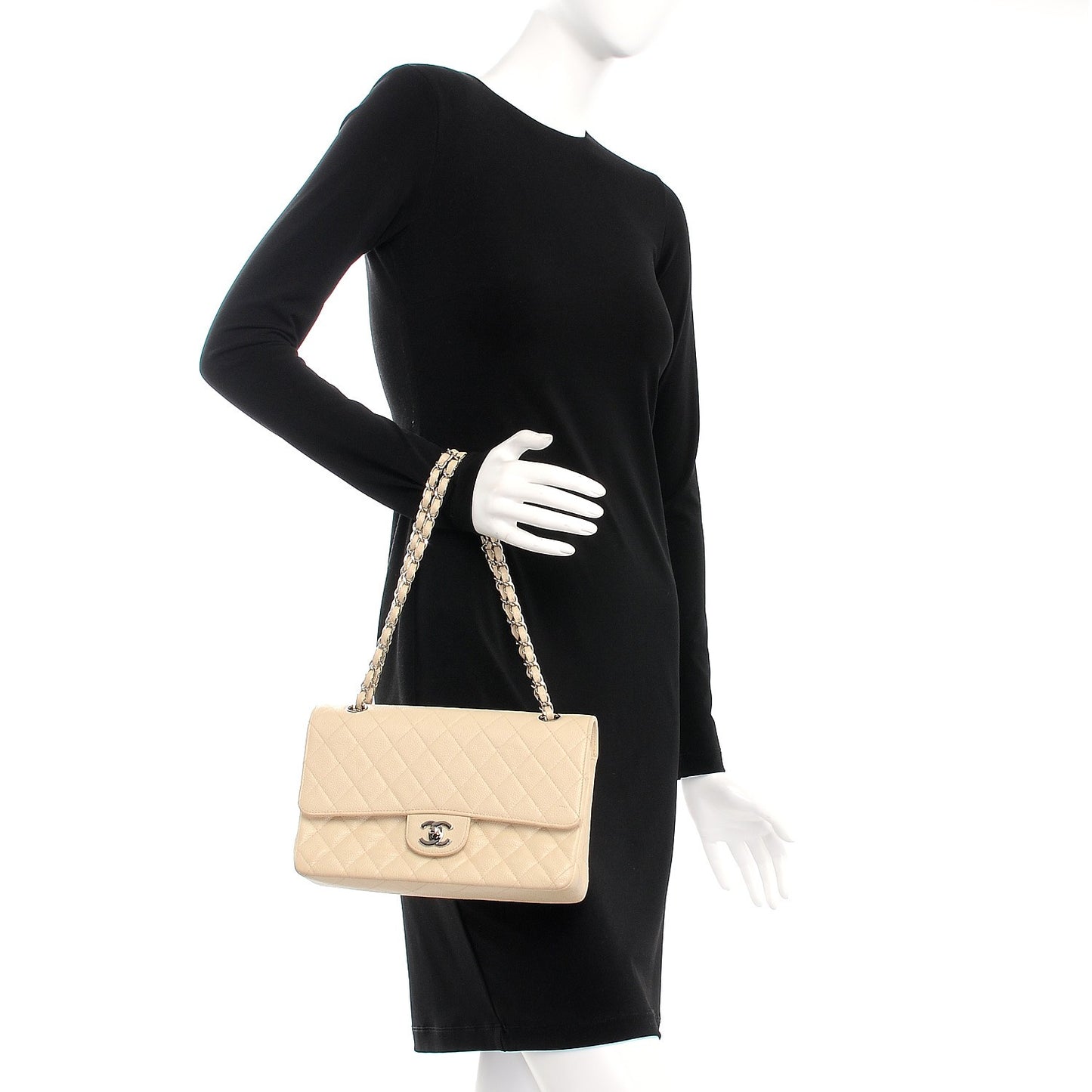 Caviar Quilted Medium Double Flap Beige Clair