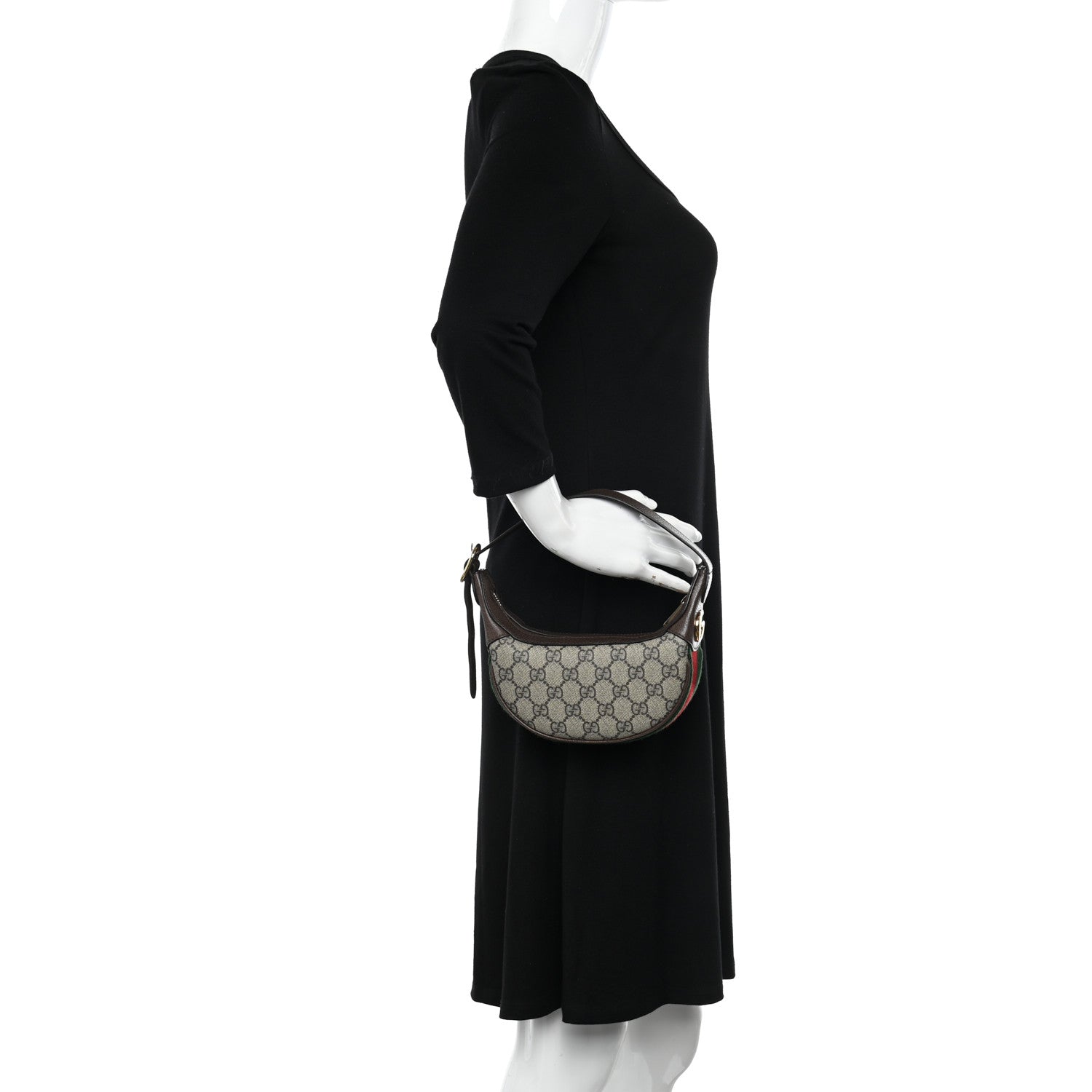 Gucci GG Supreme Monogram Textured Calfskin Web Mini Ophidia Half Moon Hobo Beige Ebony New Acero 2 of 11