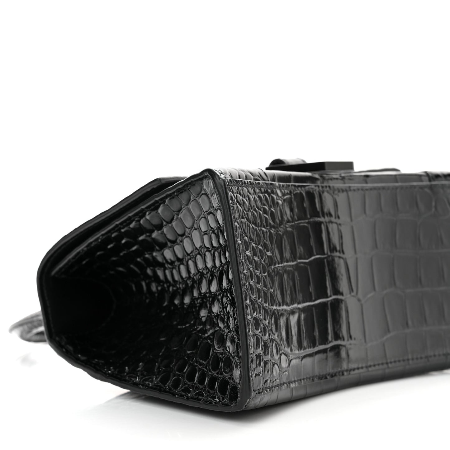 Shiny Calfskin Monochrome Crocodile Embossed Small Hourglass Top Handle Bag Black