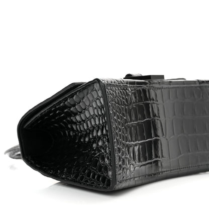 Balenciaga Shiny Calfskin Monochrome Crocodile Embossed Small Hourglass Top Handle Bag Black 9 of 11