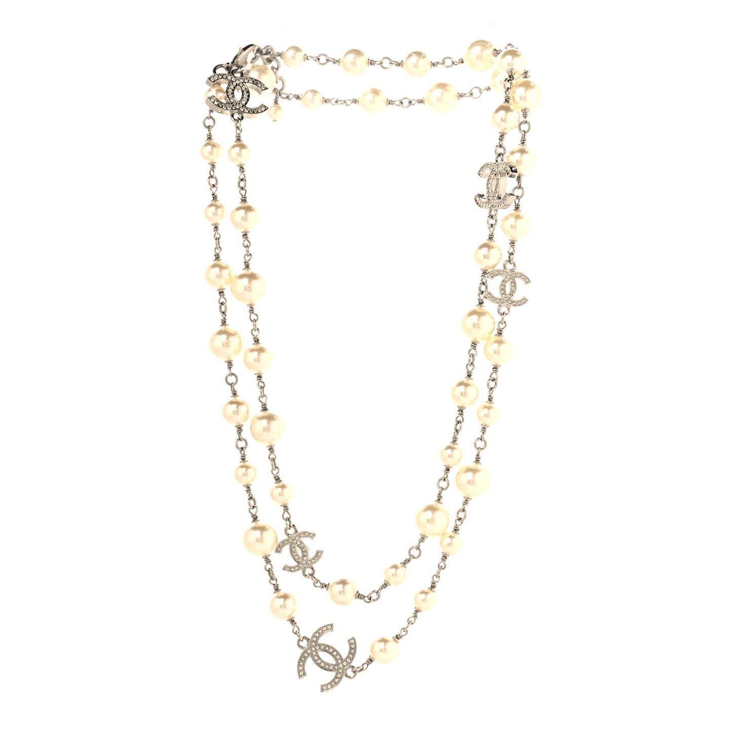 Crystal Pearl CC Long Necklace Silver