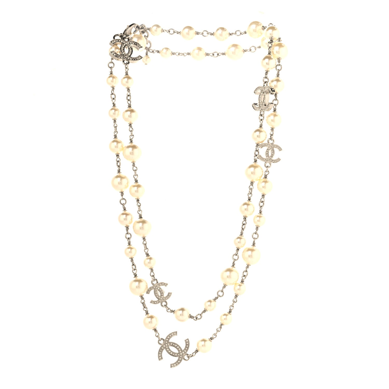 Chanel Crystal Pearl CC Long Necklace Silver 3 of 5
