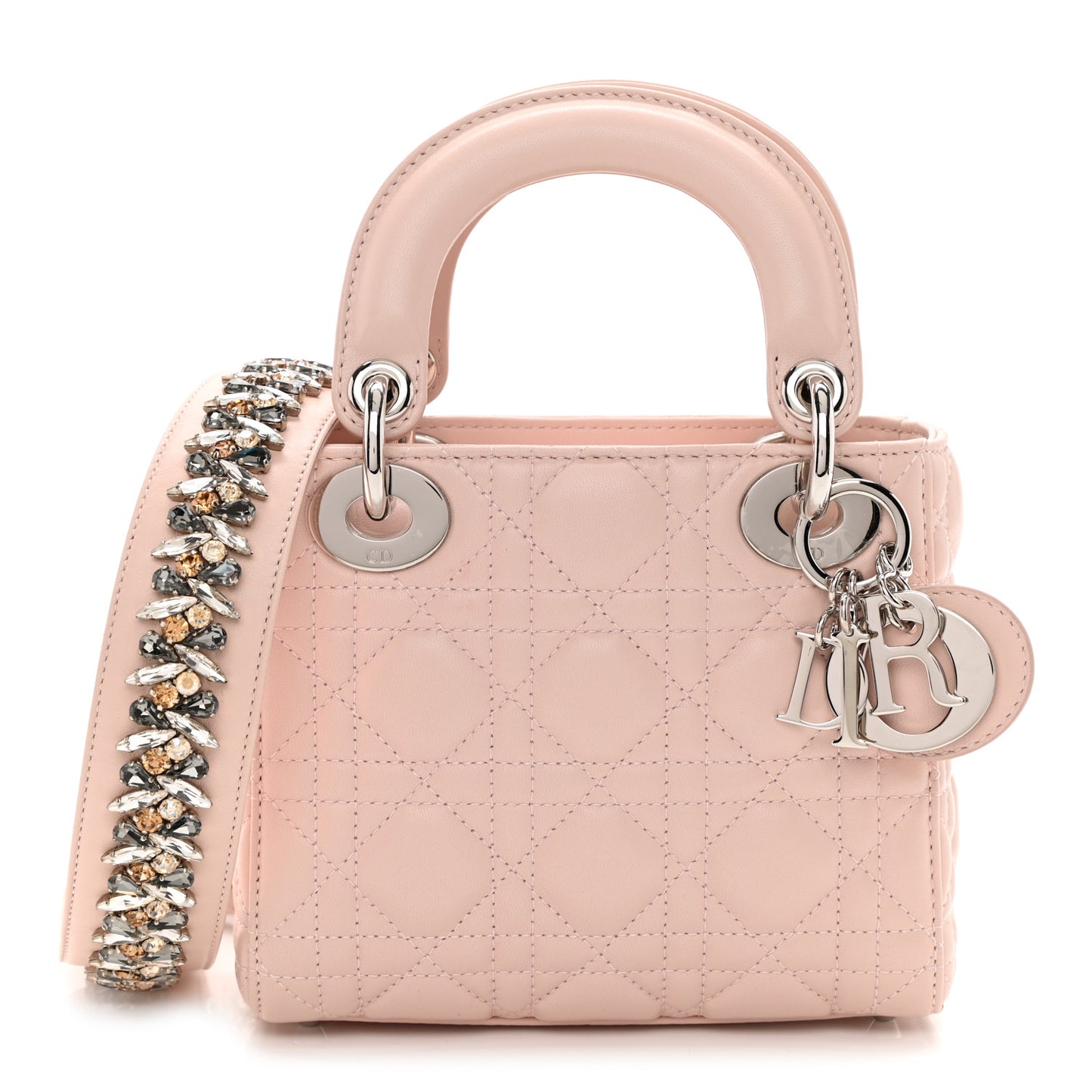 Lambskin Cannage Mini Lady Dior Crystal Strap Rose Poudre