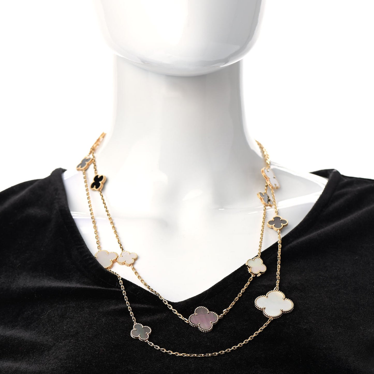18K Yellow Gold Onyx Mother of Pearl 16 Motifs Magic Alhambra Necklace
