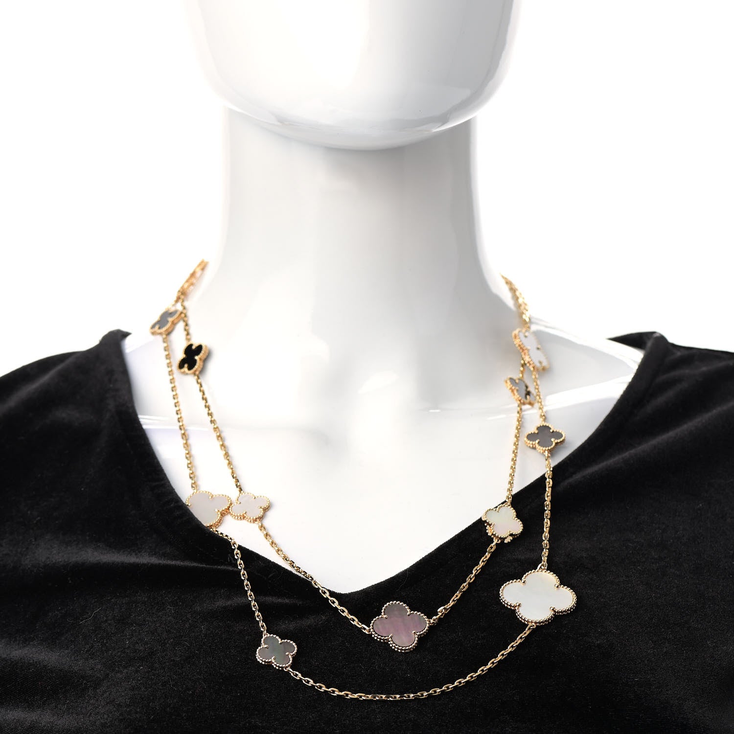 Van Cleef & Arpels 18K Yellow Gold Onyx Mother of Pearl 16 Motifs Magic Alhambra Necklace 2 of 4