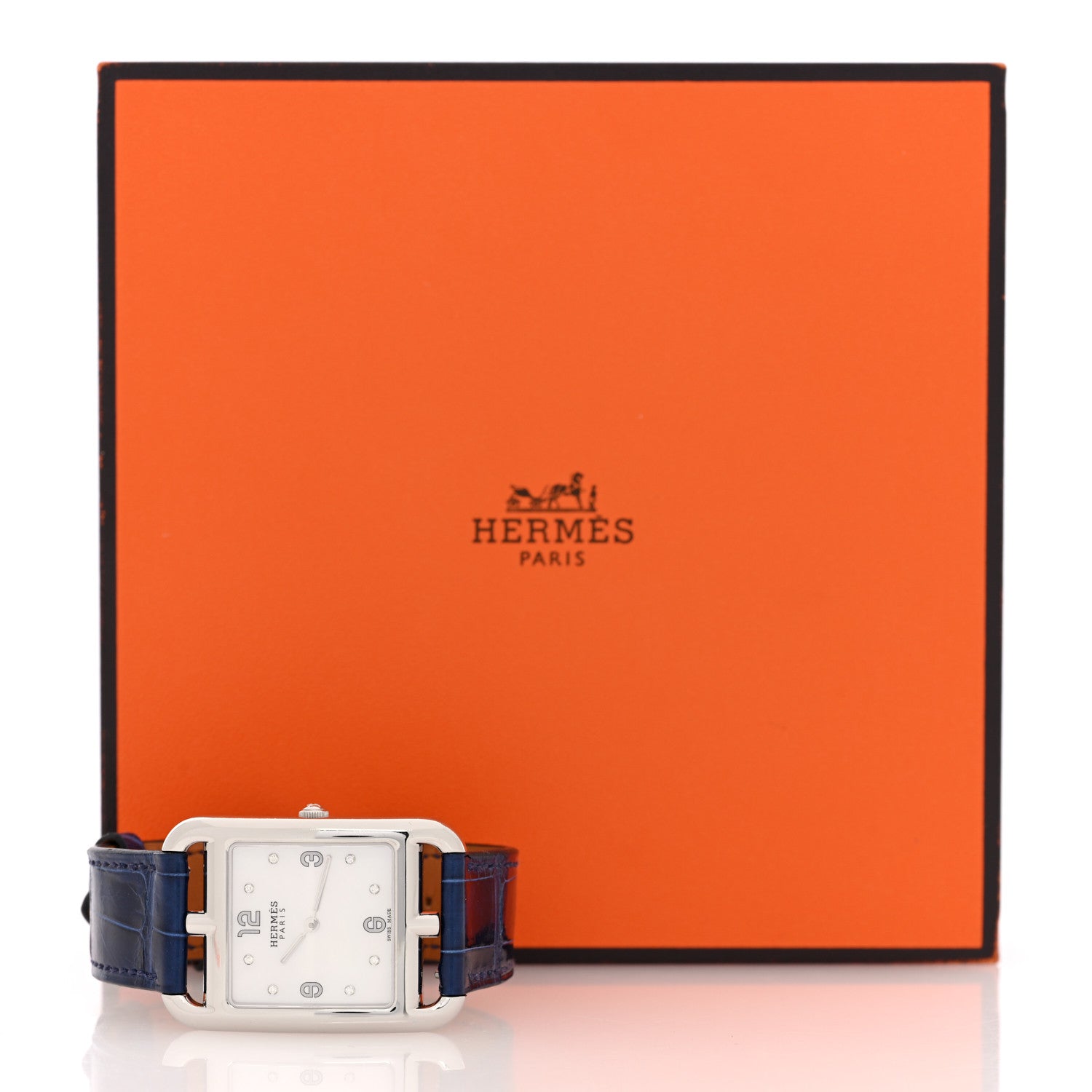 Hermes Stainless Steel Alligator Diamond Mother of Pearl 29mm Cape Cod Quartz Watch Bleu Saphir 7 of 7