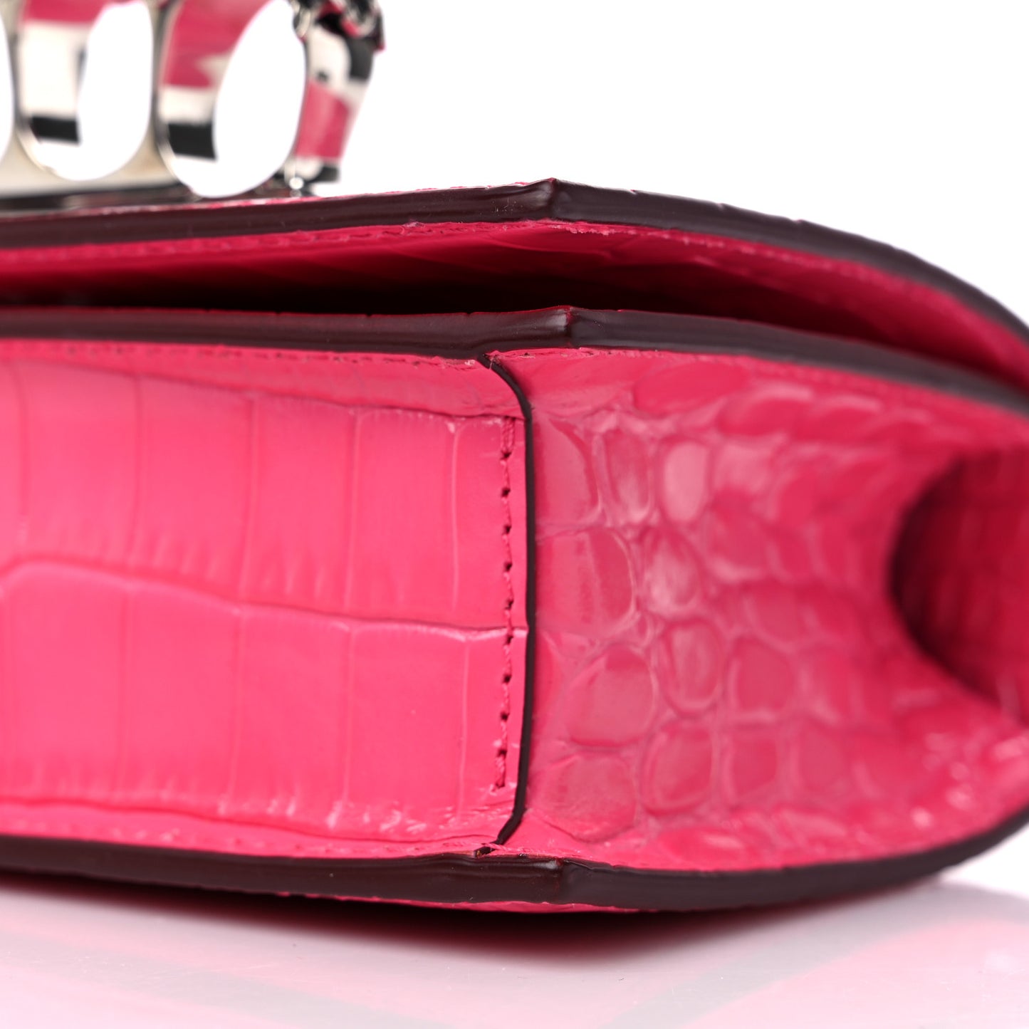 Shiny Crocodile Embossed Jeweled Satchel Peony Pink