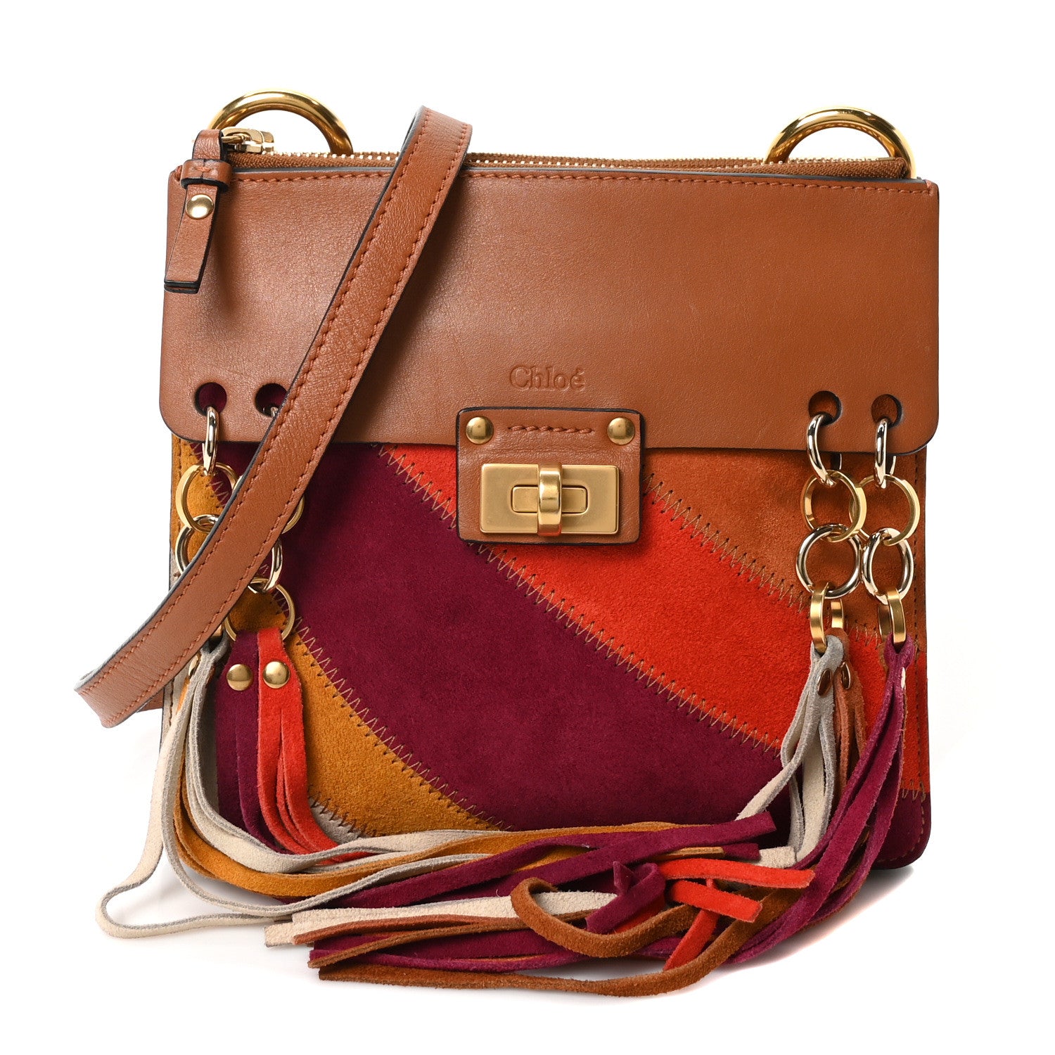 Chloe Calfskin Suede Rainbow Patchwork Small Jane Fringe Bag Caramel 1 of 10