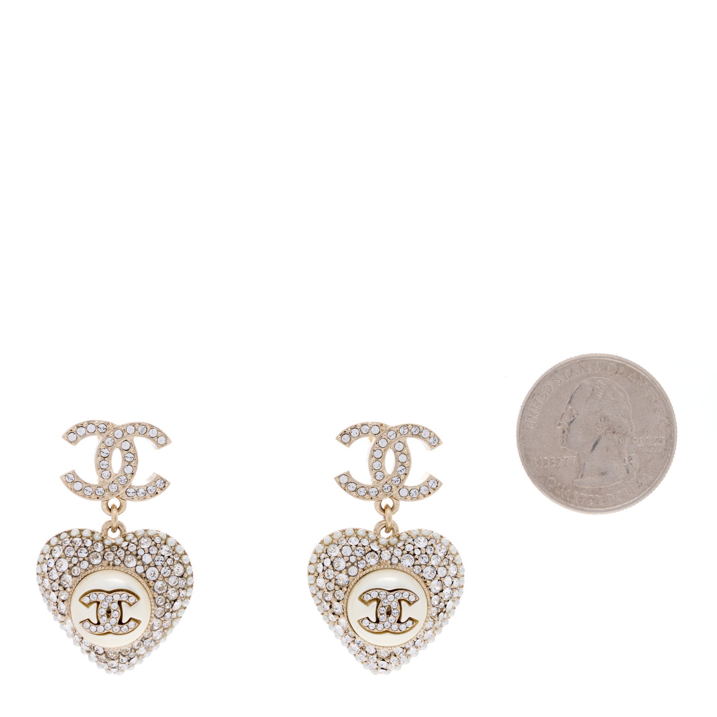 Pearl Crystal CC Heart Drop Earrings Gold White