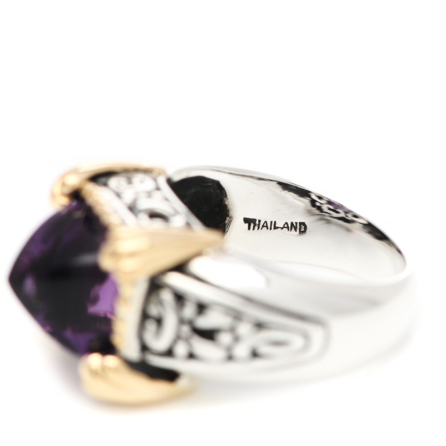 John Hardy Sterling Silver 18K Yellow Gold Amethyst Sugarloaf Ring 53 6.25 5 of 7