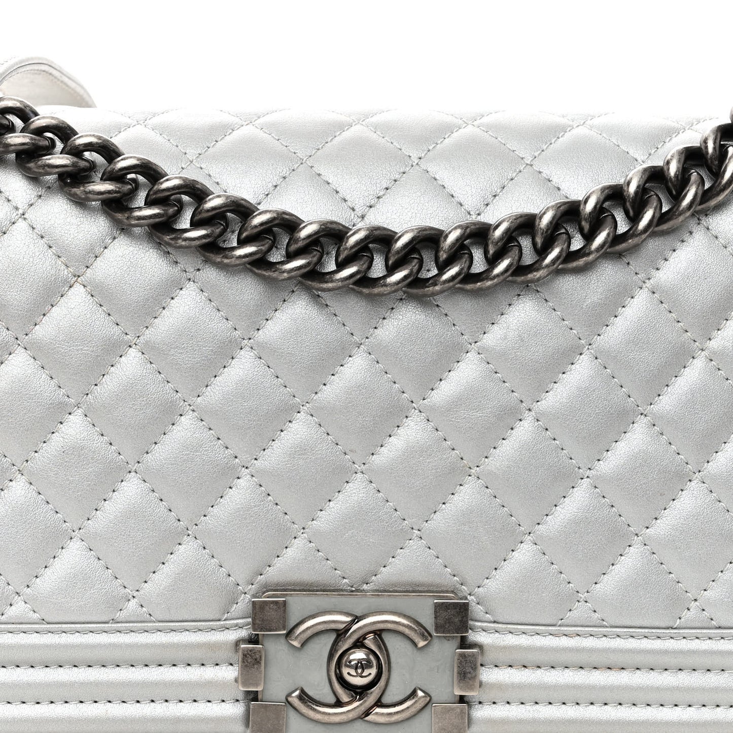 Metallic Lambskin Quilted Medium Boy Flap Silver