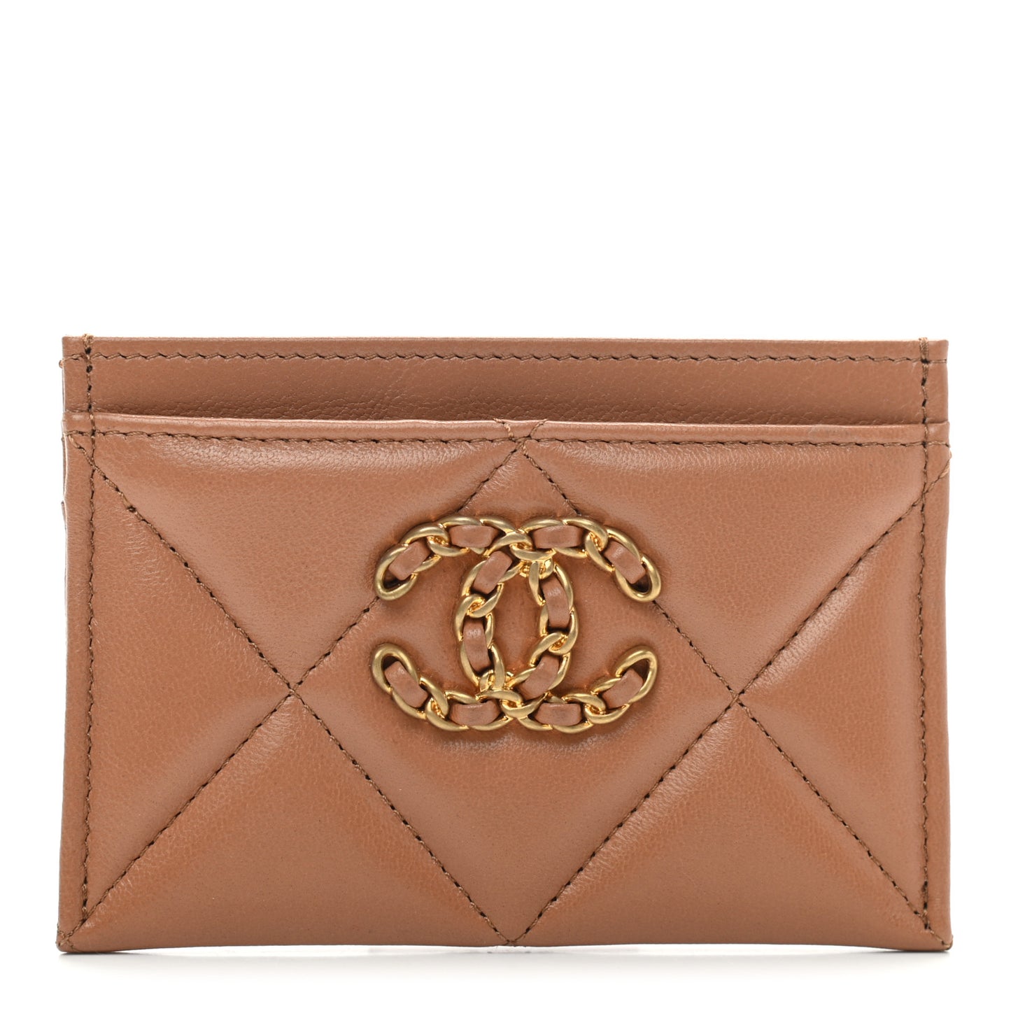 Lambskin Quilted Chanel 19 Card Holder Brown