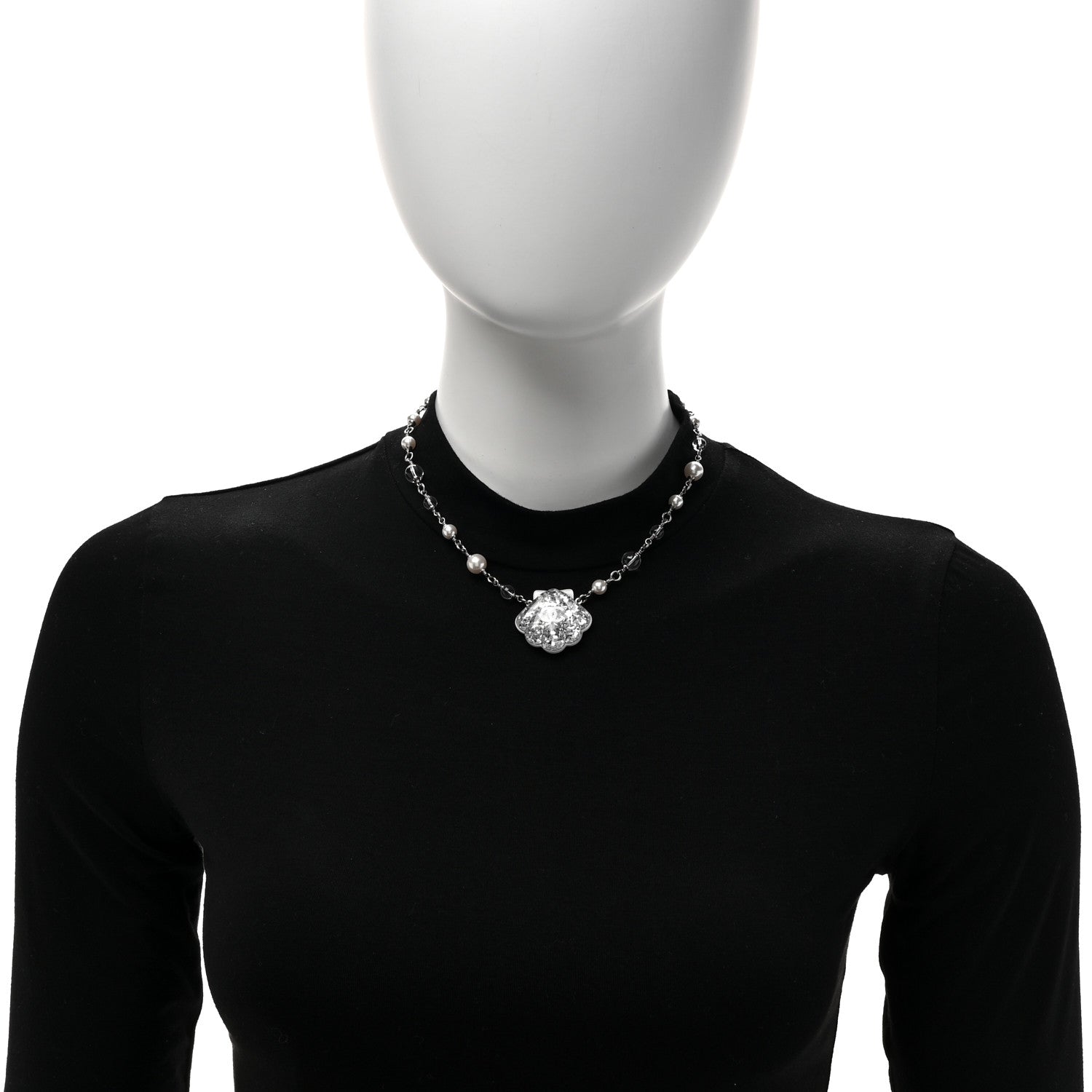 Chanel Pearl Resin Glitter CC Shell Necklace Silver 2 of 5