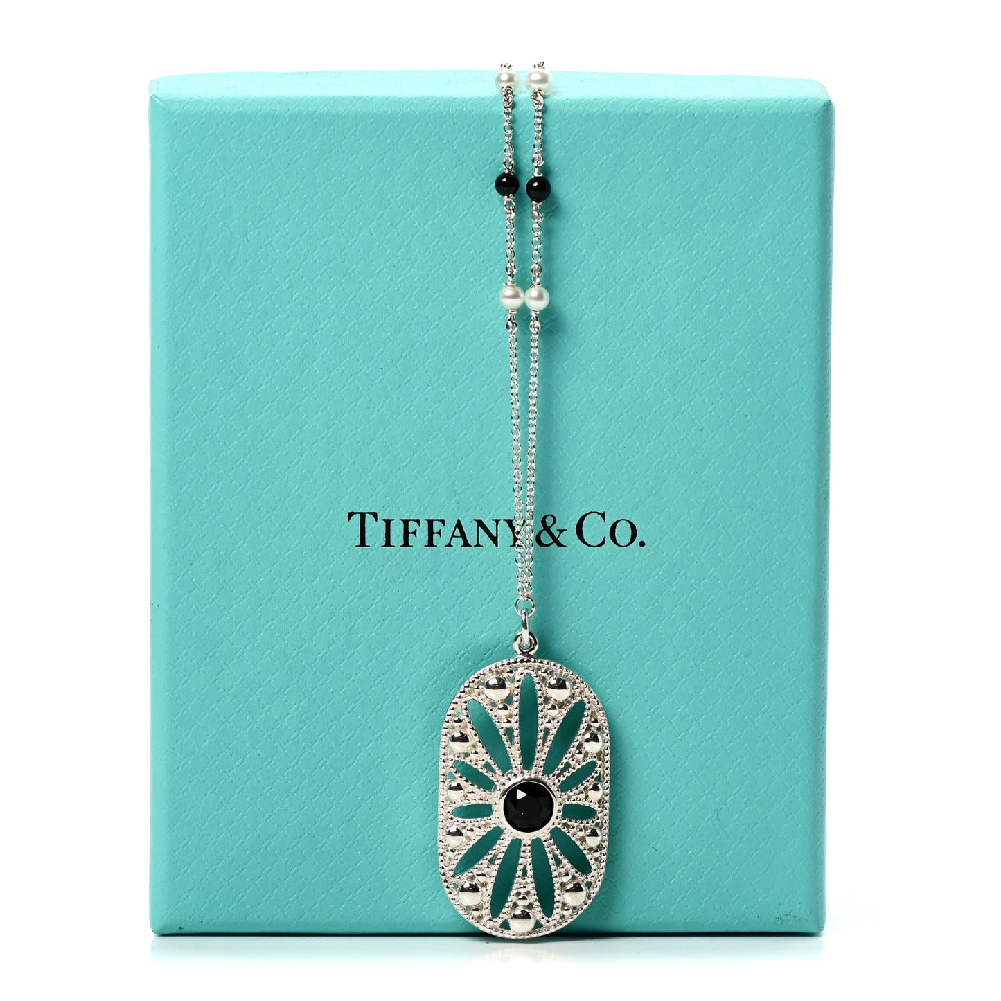 Sterling Silver Black Onyx Pearl Ziegfeld Daisy Pendant Necklace