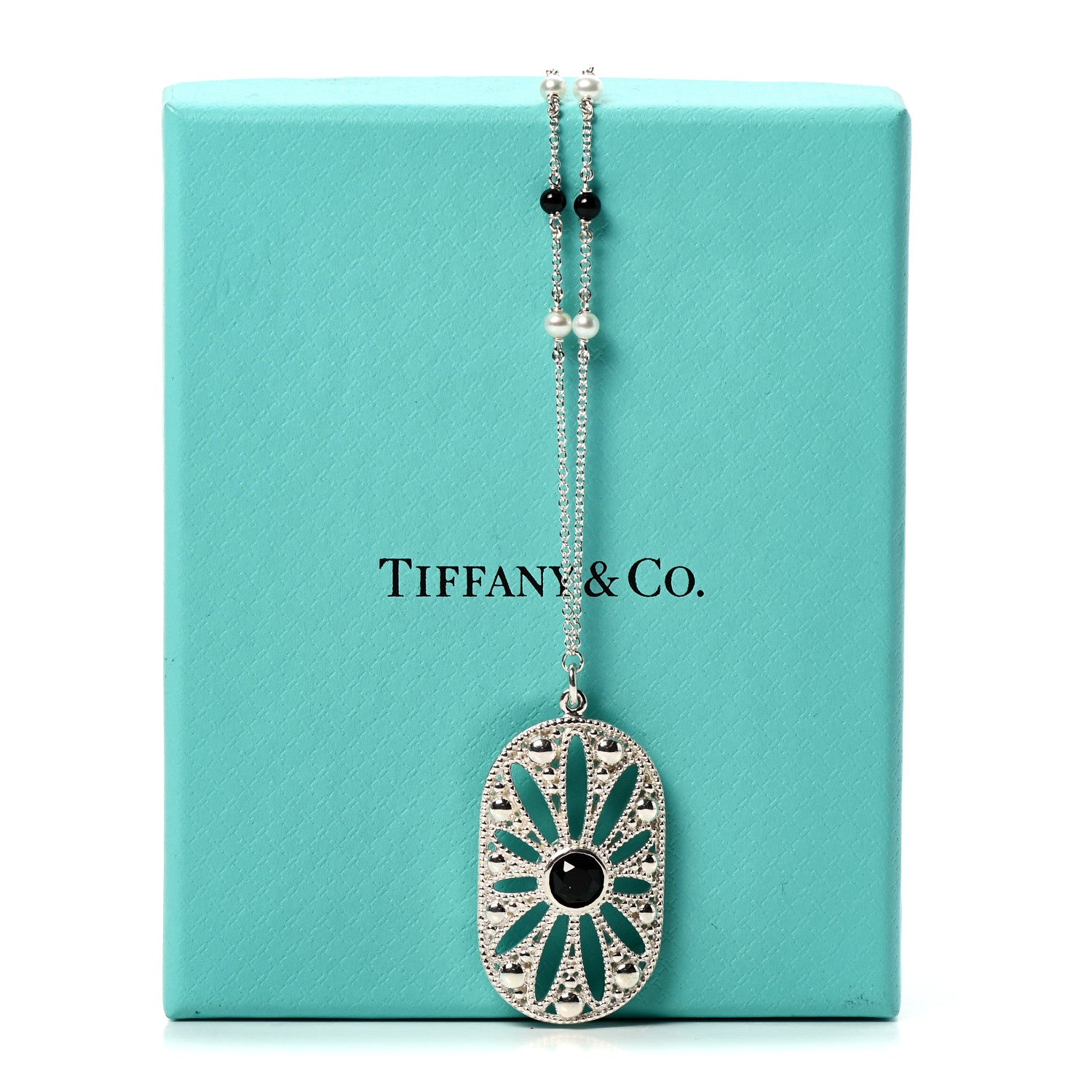 Tiffany Sterling Silver Black Onyx Pearl Ziegfeld Daisy Pendant Necklace 6 of 6