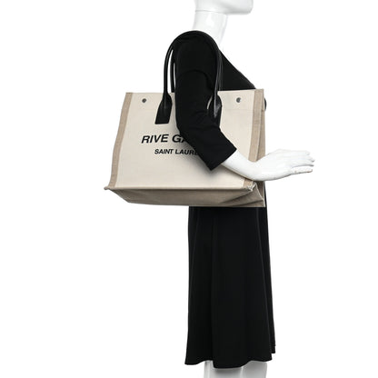 Saint Laurent Linen Calfskin Small Rive Gauche Tote Greggio Natural 2 of 10