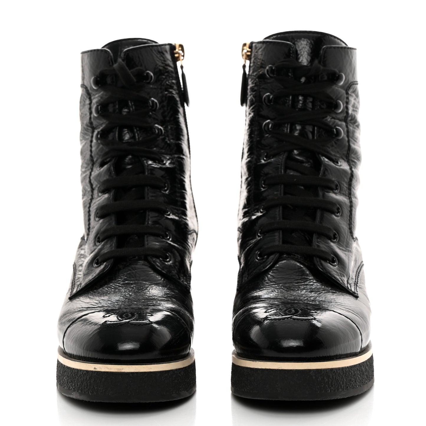 Shiny Crumpled Lambskin Lace Up Combat Boots 38 Black