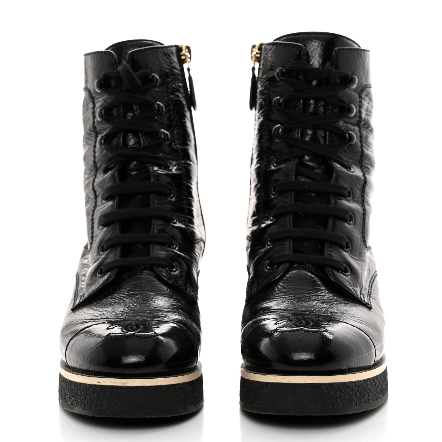 Chanel Shiny Crumpled Lambskin Lace Up Combat Boots 38 Black 2 of 10