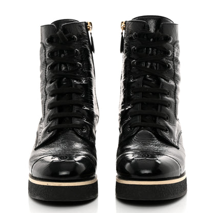 Chanel Shiny Crumpled Lambskin Lace Up Combat Boots 38 Black 2 of 10